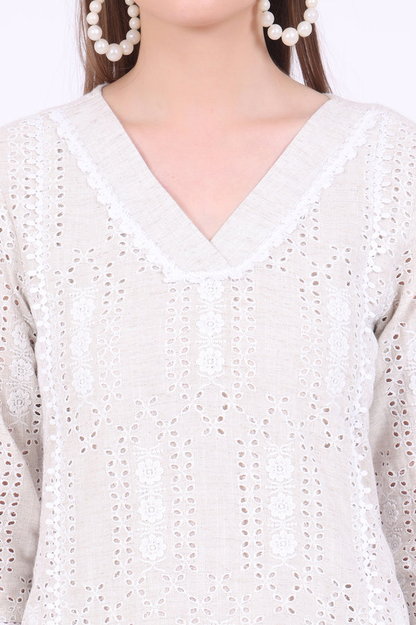 Beige Embroidered A-Line Kurta & Trousers Set