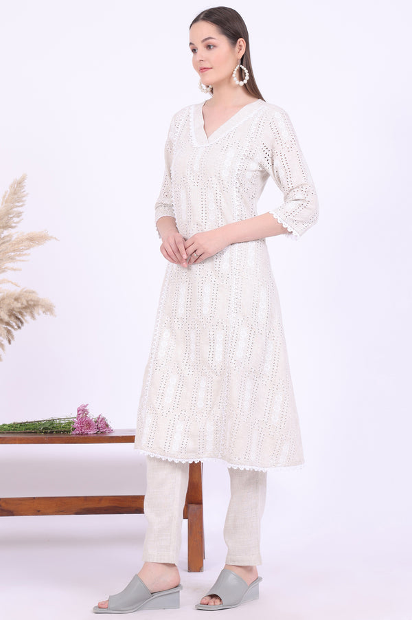 Beige Embroidered A-Line Kurta & Trousers Set