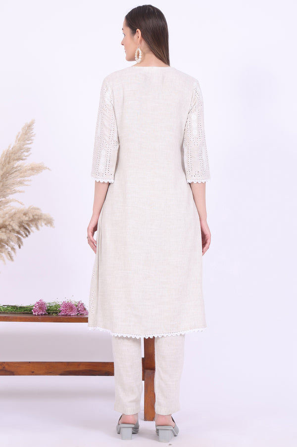 Beige Embroidered A-Line Kurta & Trousers Set