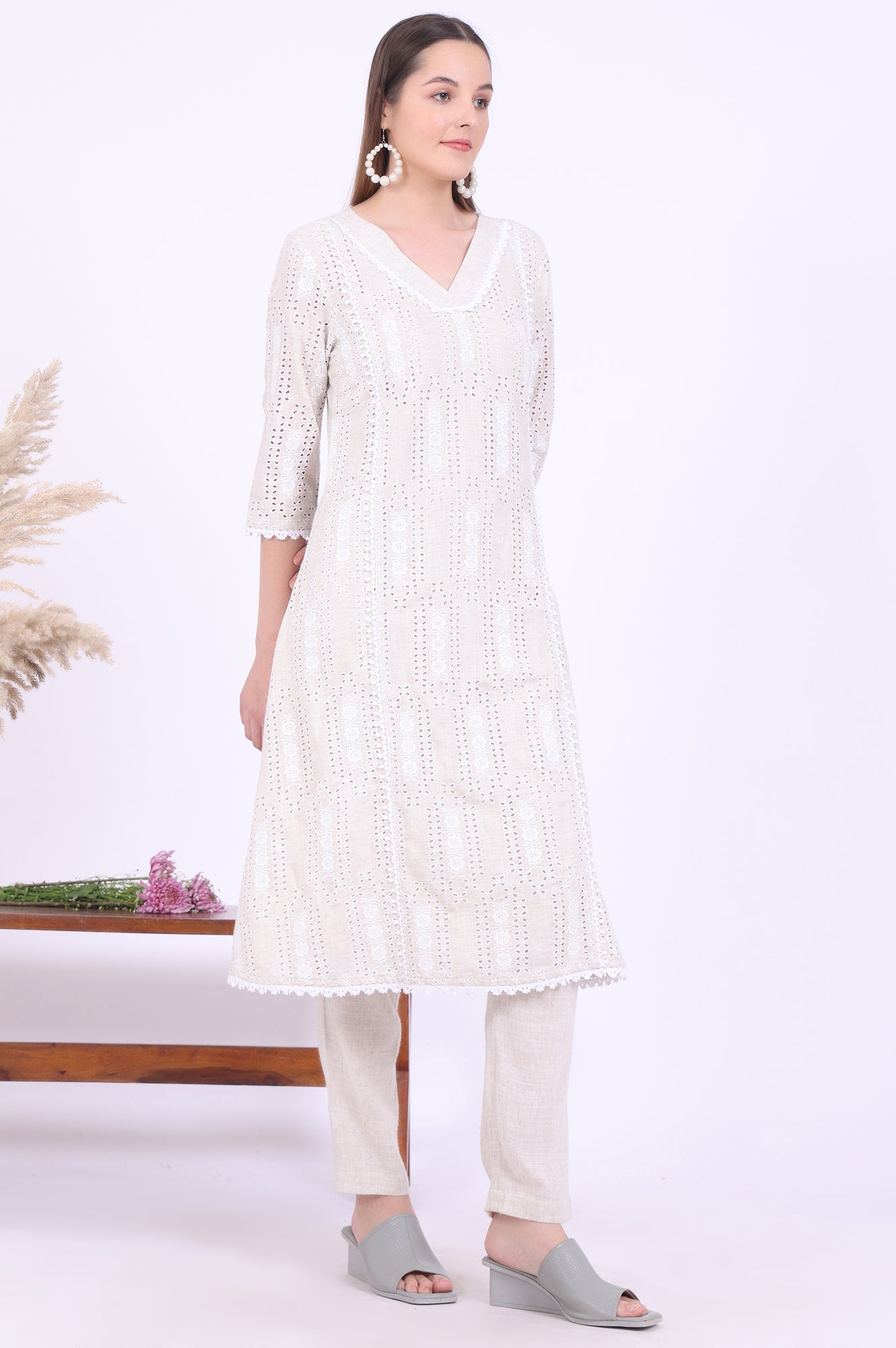 Beige Embroidered A-Line Kurta &amp; Trousers Set