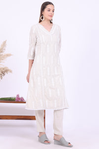Beige Embroidered A-Line Kurta &amp; Trousers Set