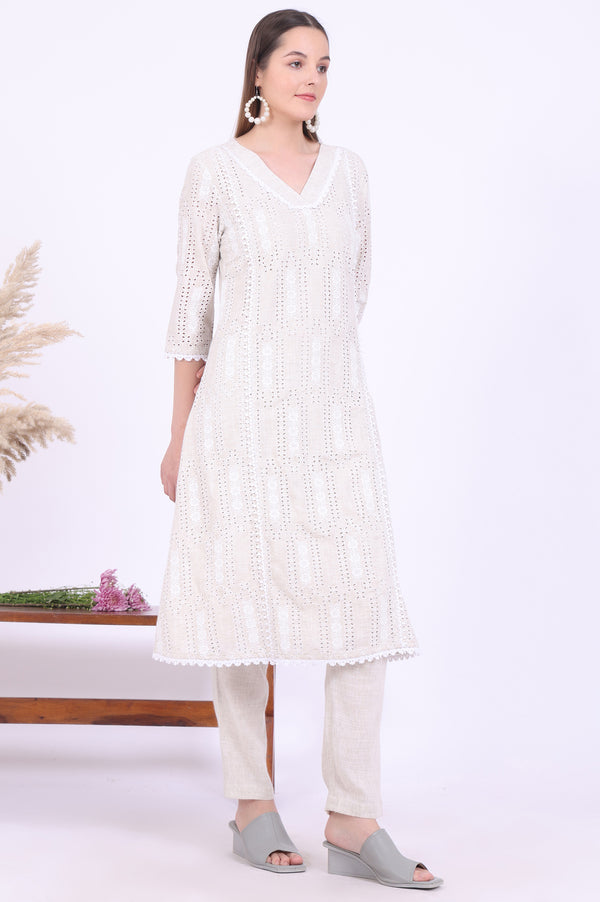 Beige Embroidered A-Line Kurta & Trousers Set