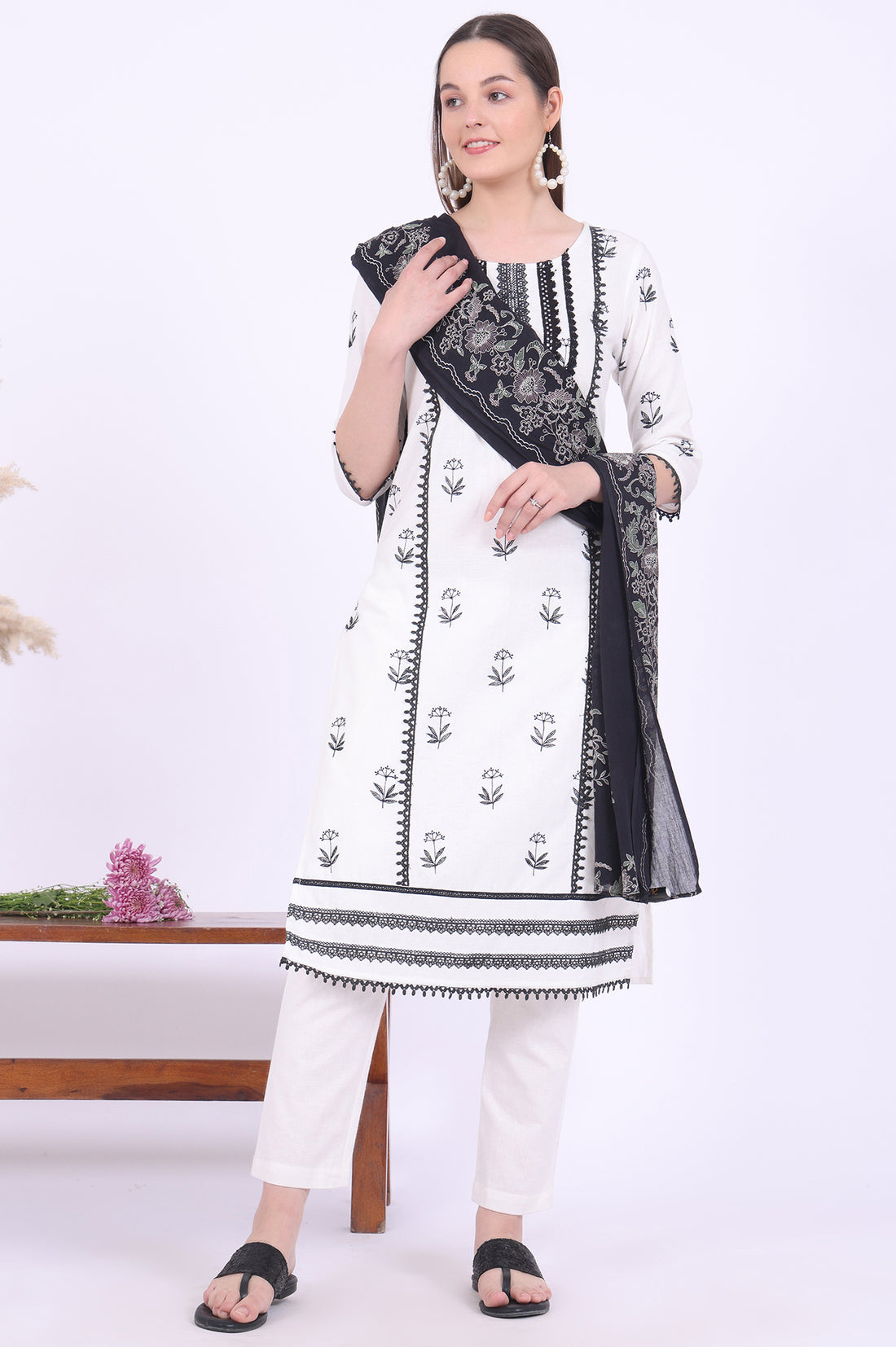 White Embroidered Cotton Blend Straight Kurta with Trousers &amp; Dupatta Set