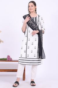 White Embroidered Cotton Blend Straight Kurta with Trousers &amp; Dupatta Set
