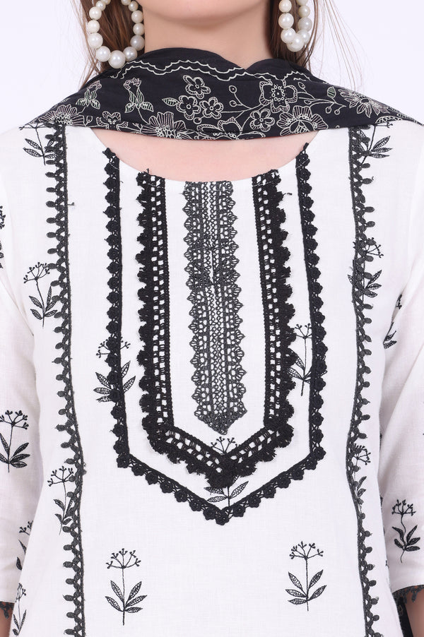 White Embroidered Cotton Blend Straight Kurta with Trousers & Dupatta Set