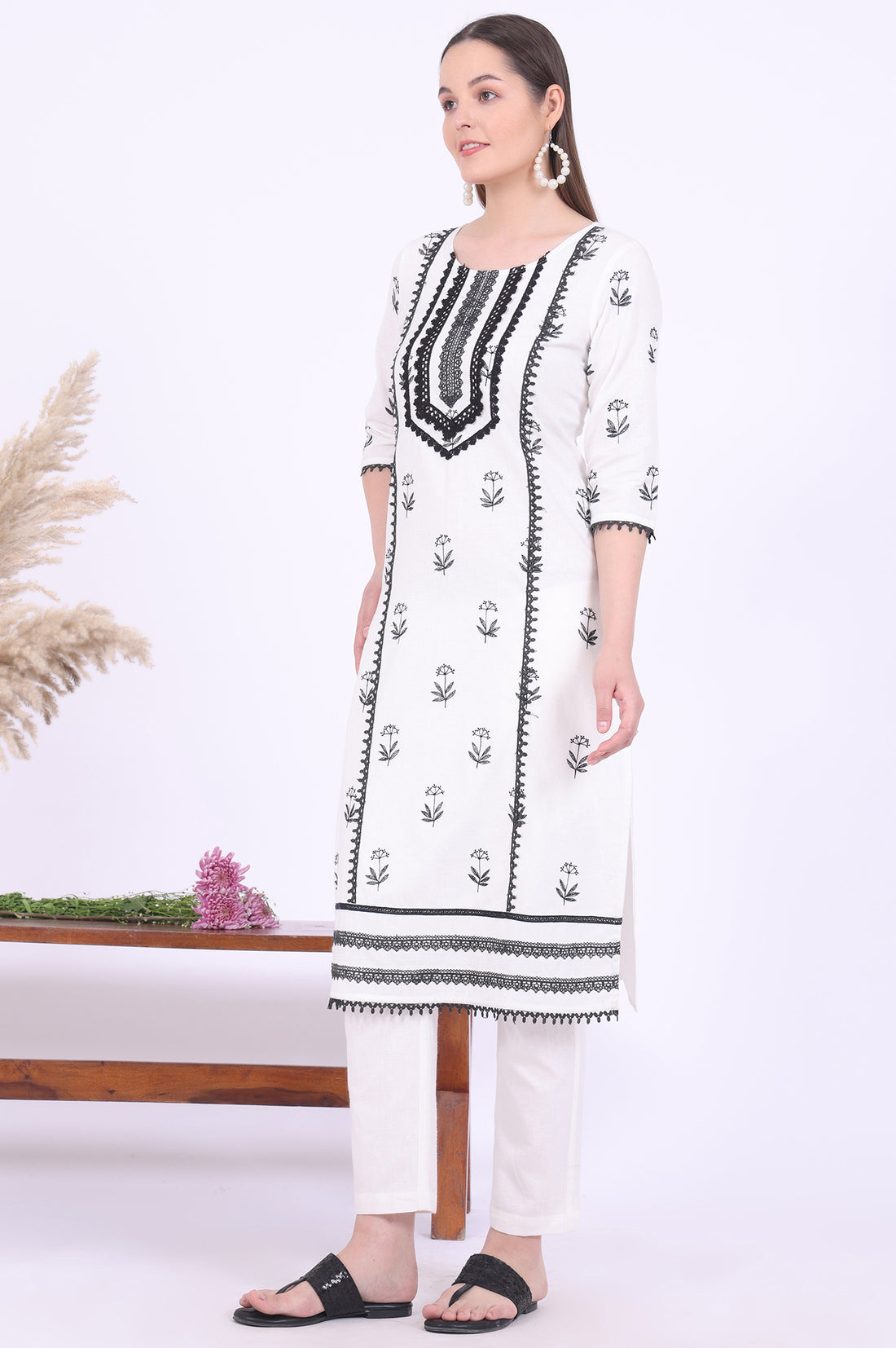 White Embroidered Cotton Blend Straight Kurta with Trousers &amp; Dupatta Set