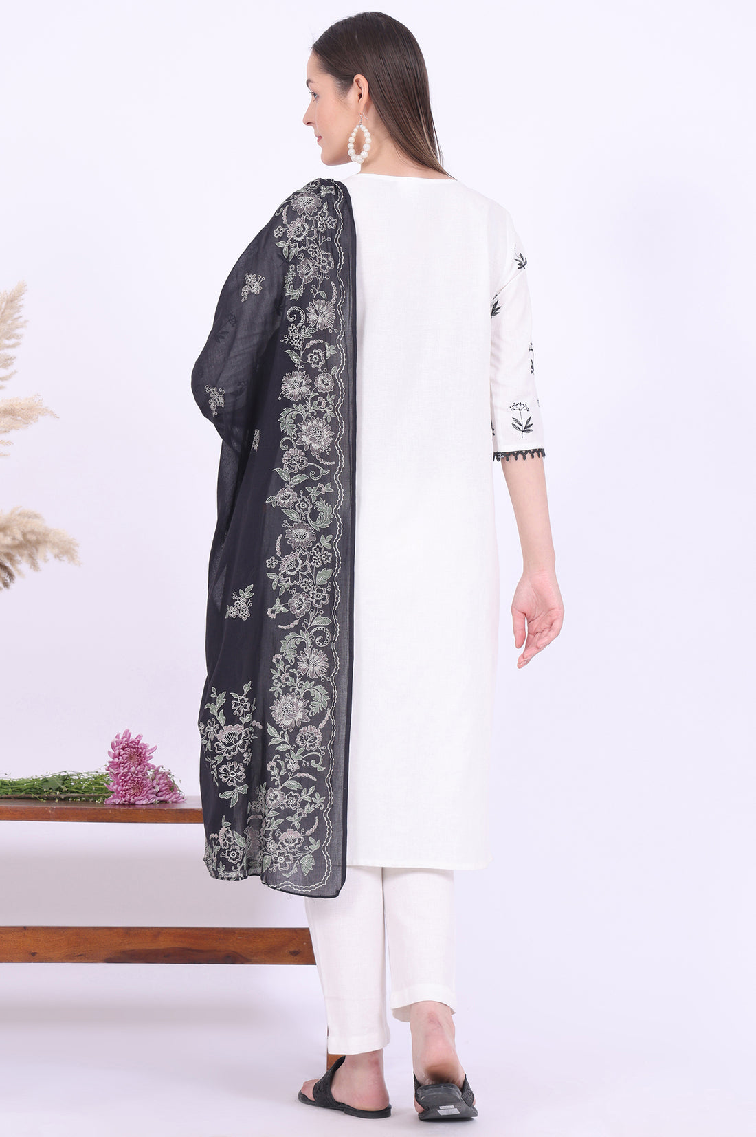 White Embroidered Cotton Blend Straight Kurta with Trousers &amp; Dupatta Set