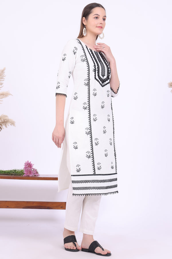 White Embroidered Cotton Blend Straight Kurta with Trousers & Dupatta Set