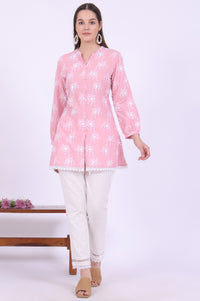 Pink Embroidered Pure Cotton Kurti &amp; Trousers Set