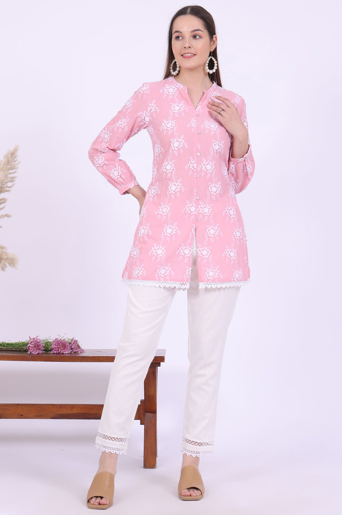 Pink Embroidered Pure Cotton Kurti &amp; Trousers Set
