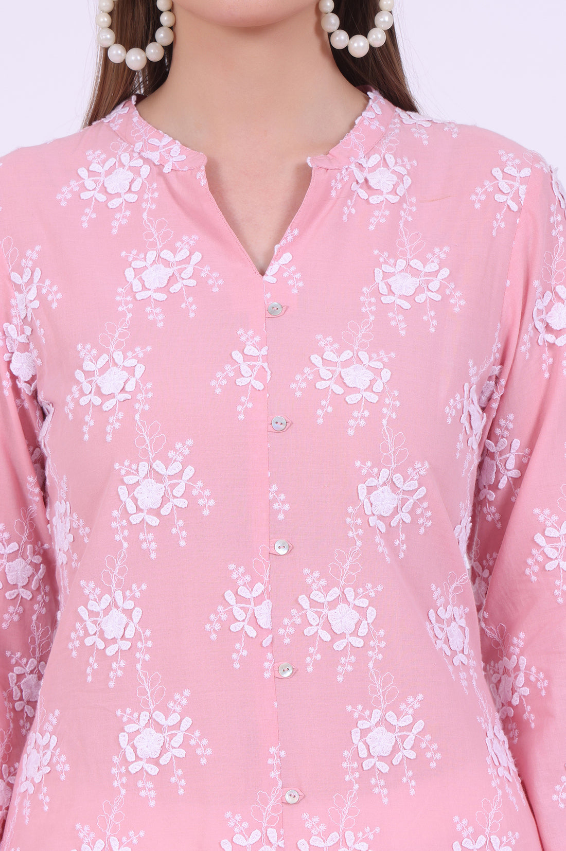 Pink Embroidered Pure Cotton Kurti &amp; Trousers Set