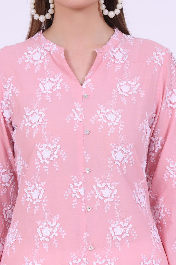 Pink Embroidered Pure Cotton Kurti & Trousers Set