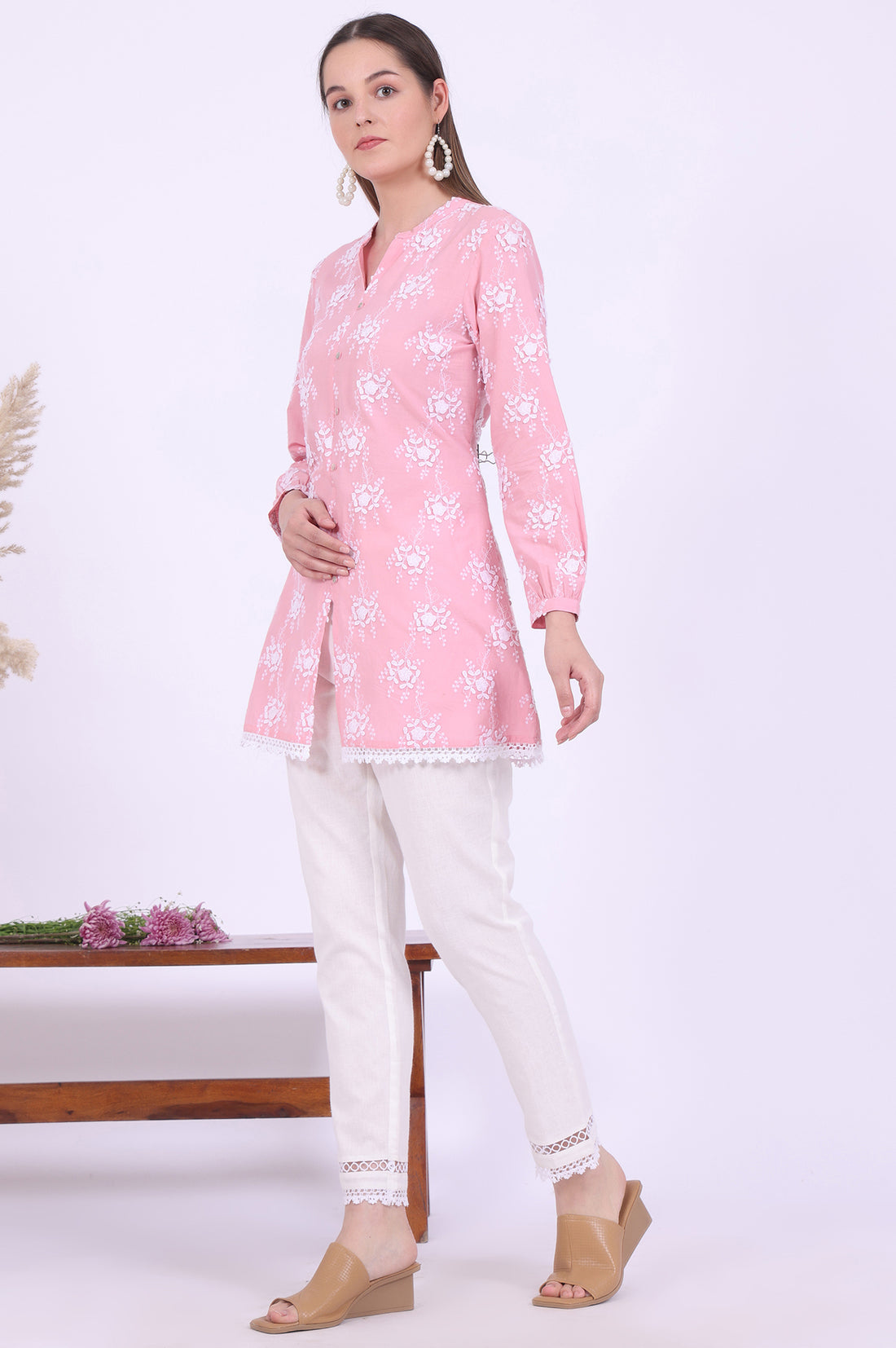 Pink Embroidered Pure Cotton Kurti &amp; Trousers Set
