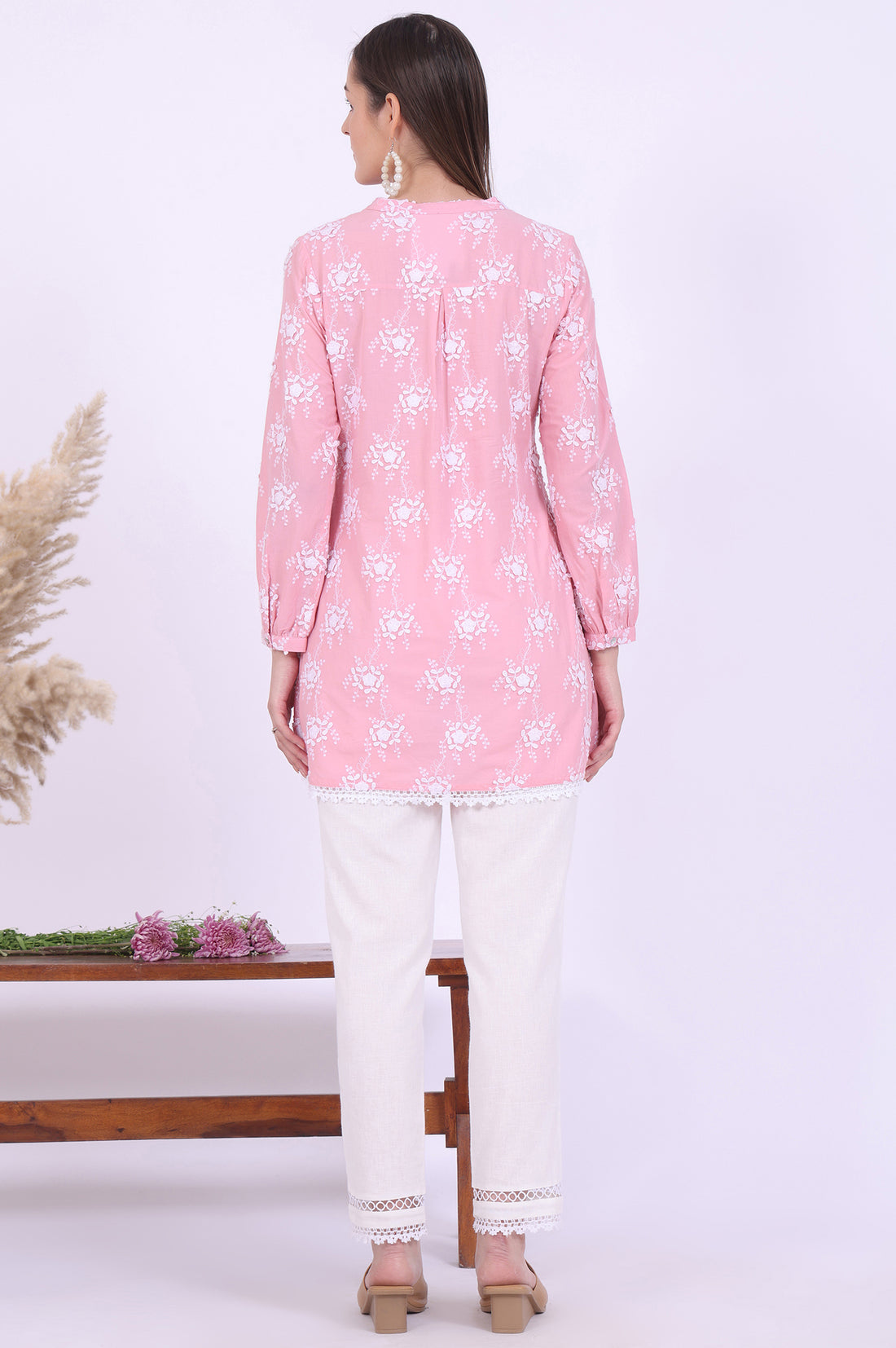 Pink Embroidered Pure Cotton Kurti &amp; Trousers Set