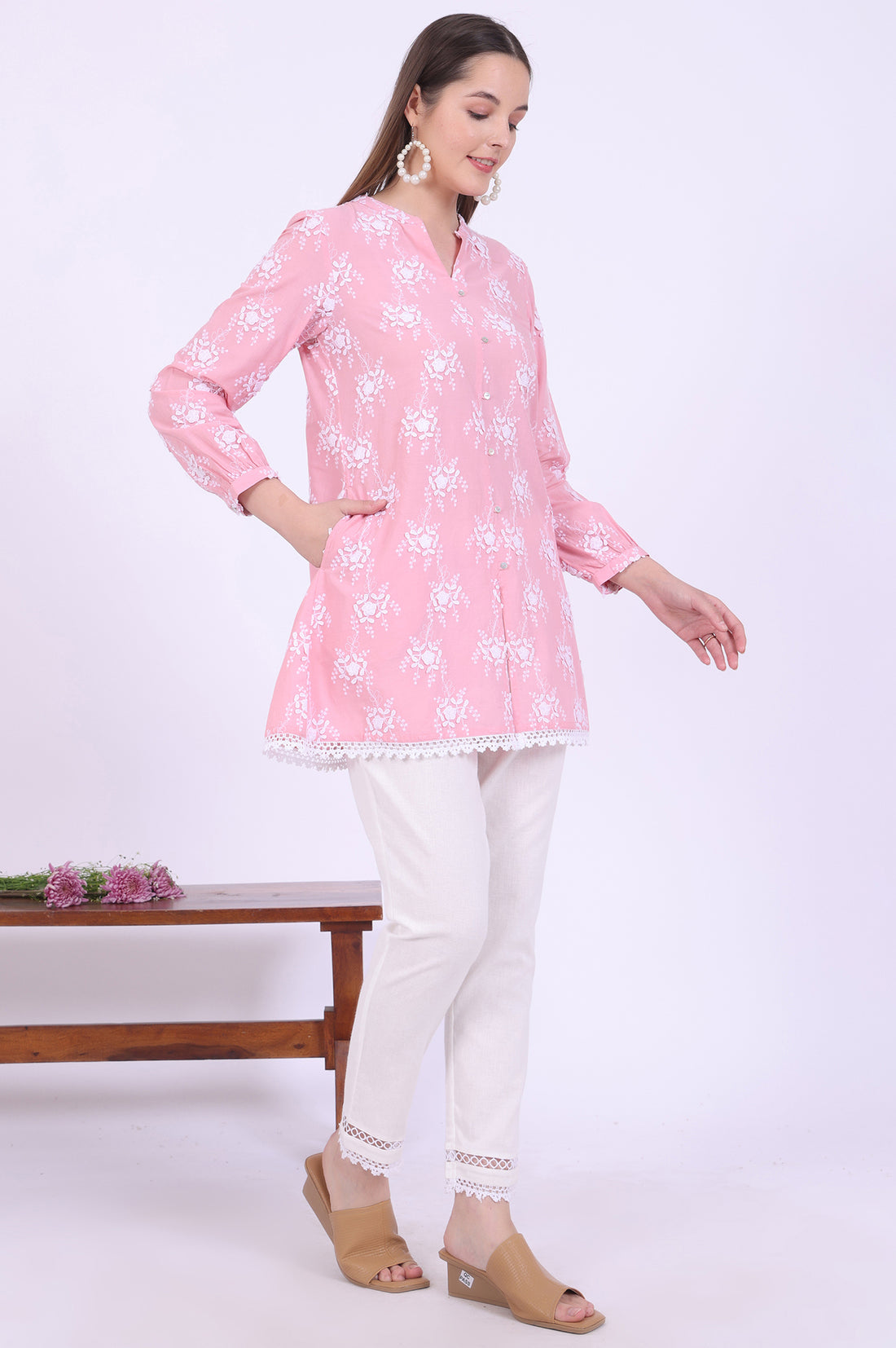 Pink Embroidered Pure Cotton Kurti &amp; Trousers Set