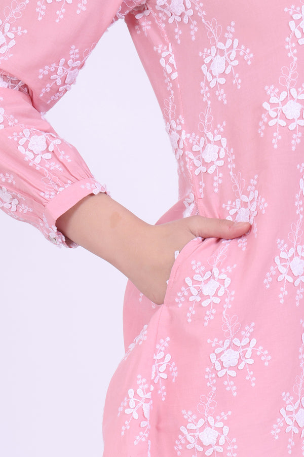 Pink Embroidered Pure Cotton Kurti & Trousers Set