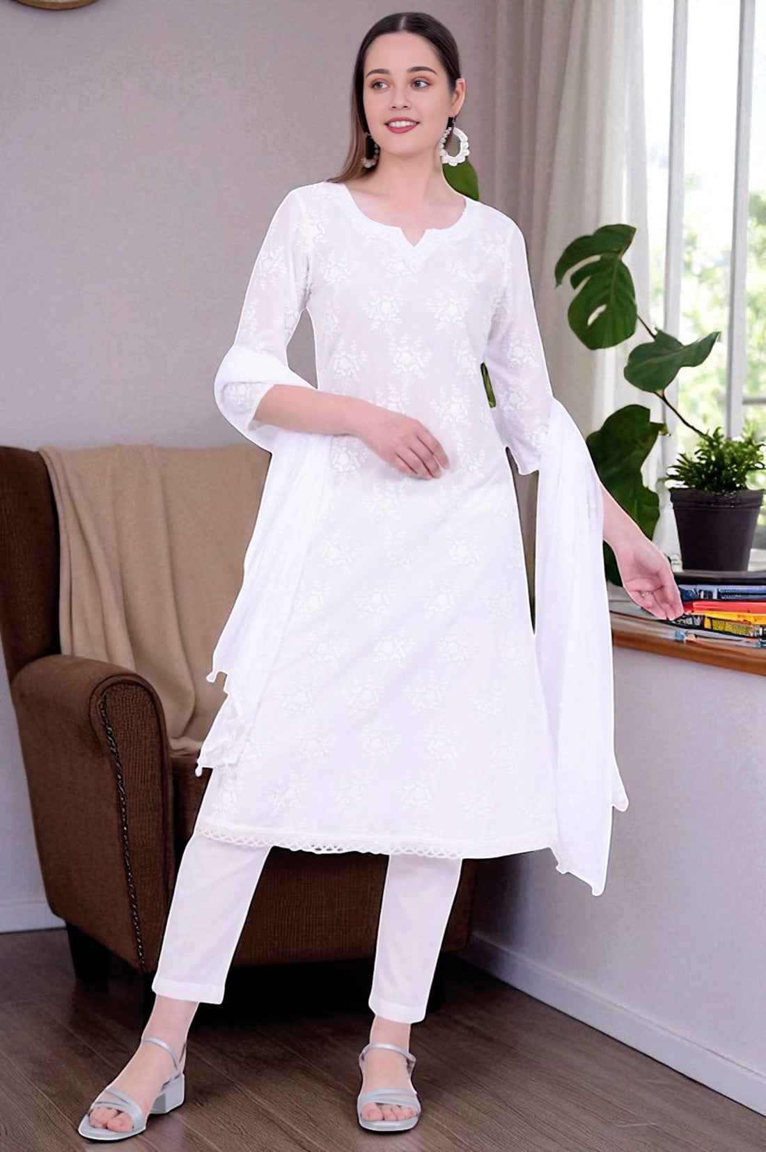 White Embroidered Pure Cotton A-Line Kurta with Trousers &amp; Dupatta Set