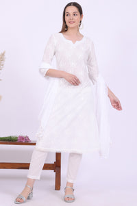 White Embroidered Pure Cotton A-Line Kurta with Trousers &amp; Dupatta Set