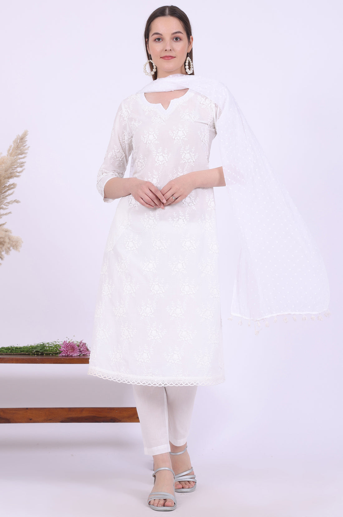 White Embroidered Pure Cotton A-Line Kurta with Trousers &amp; Dupatta Set