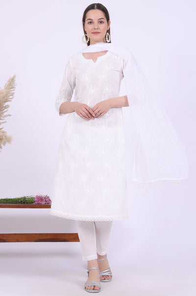 White Embroidered Pure Cotton A-Line Kurta with Trousers & Dupatta Set
