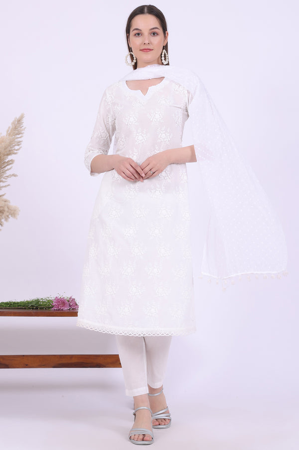 White Embroidered Pure Cotton A-Line Kurta with Trousers & Dupatta Set