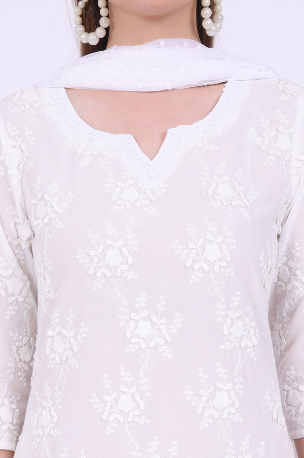White Embroidered Pure Cotton A-Line Kurta with Trousers & Dupatta Set