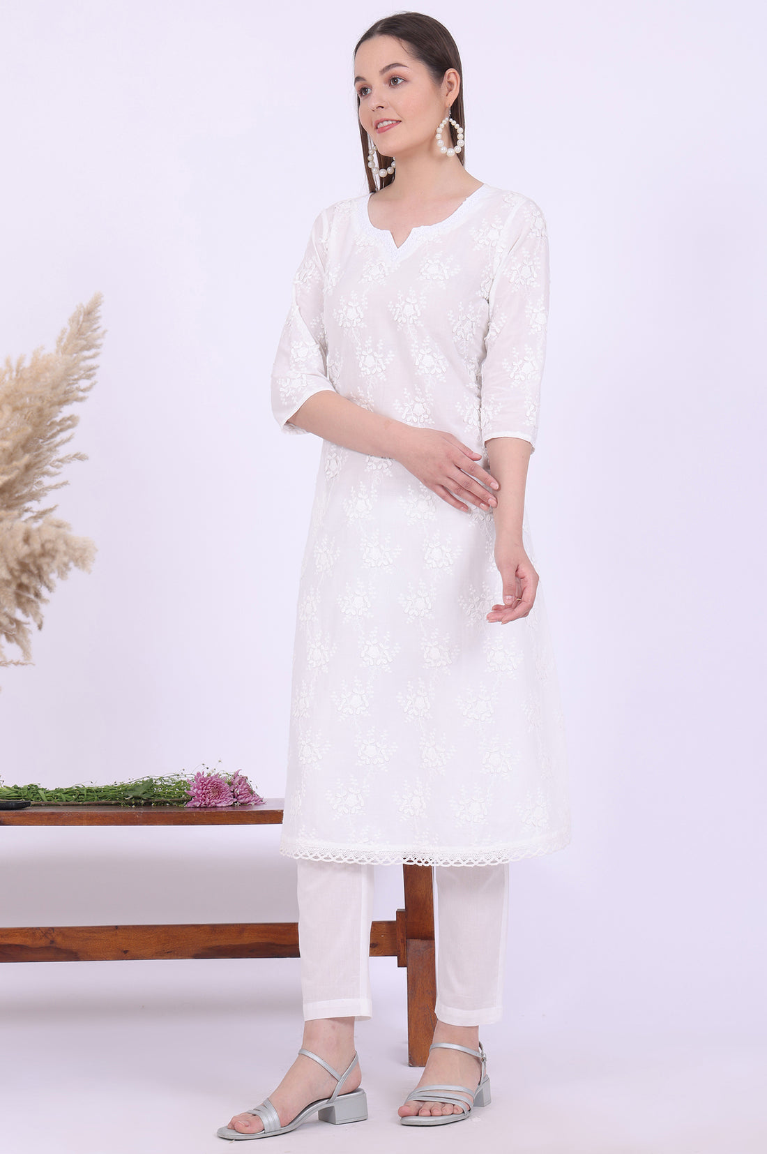 White Embroidered Pure Cotton A-Line Kurta with Trousers &amp; Dupatta Set