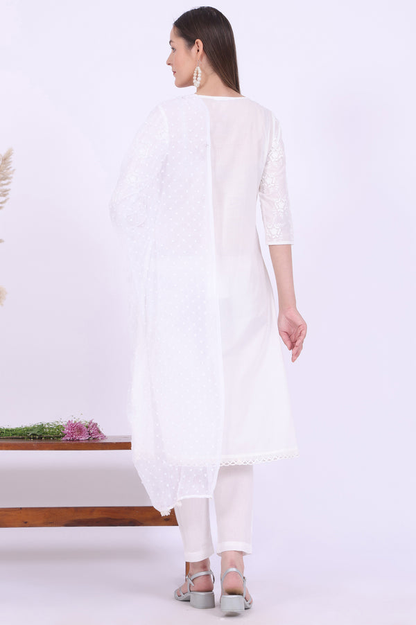 White Embroidered Pure Cotton A-Line Kurta with Trousers & Dupatta Set