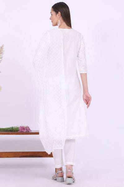 White Embroidered Pure Cotton A-Line Kurta with Trousers & Dupatta Set