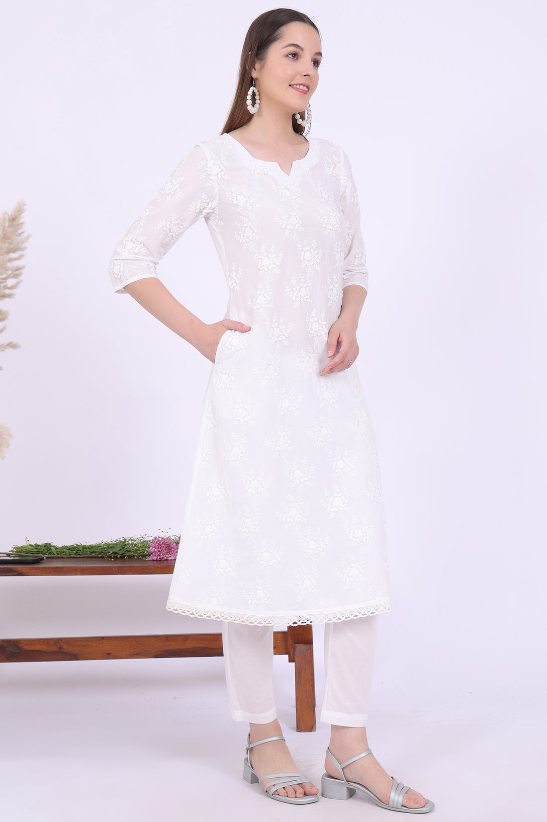 White Embroidered Pure Cotton A-Line Kurta with Trousers &amp; Dupatta Set