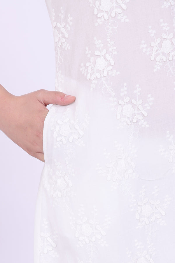 White Embroidered Pure Cotton A-Line Kurta with Trousers & Dupatta Set