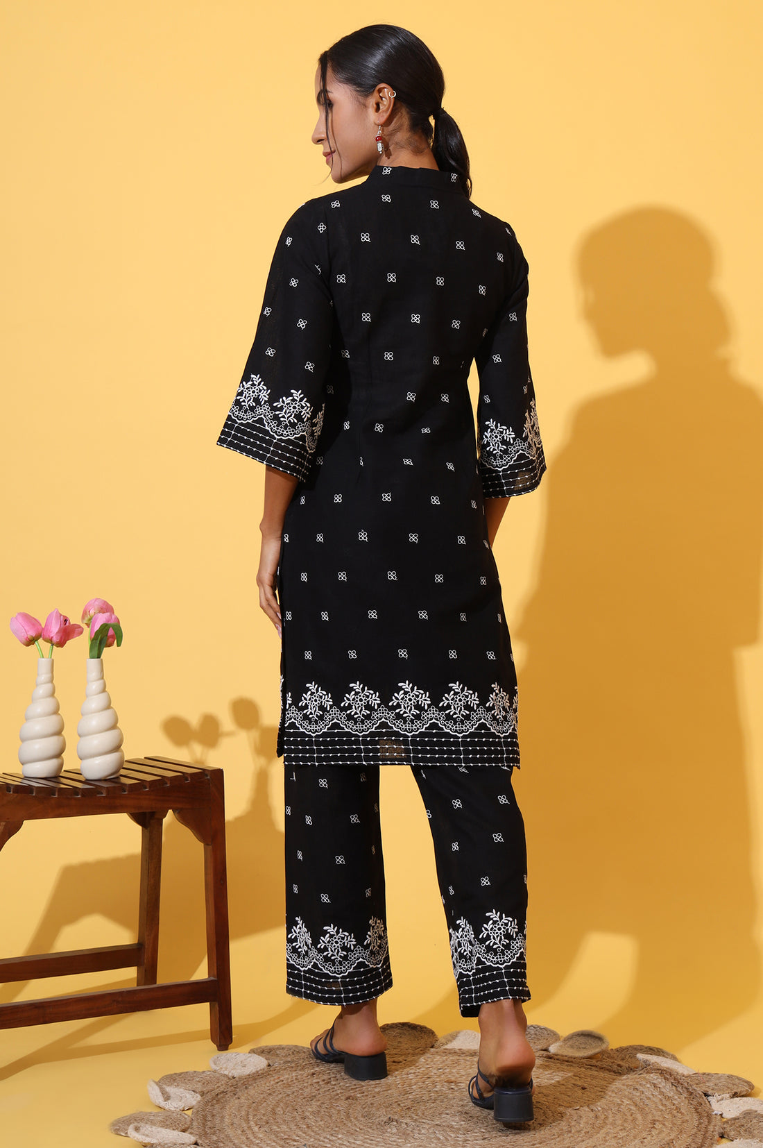 Black Schiffli Embroidered Pure Cotton Straight Kurta and Palazzo Co-ord Set