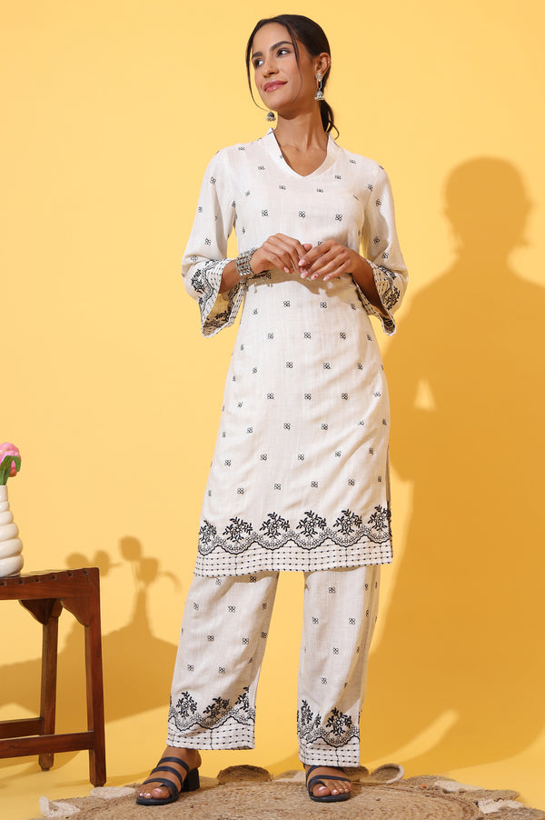Off-White Schiffli Embroidered Pure Cotton Straight Kurta and Palazzo Co-ord Set