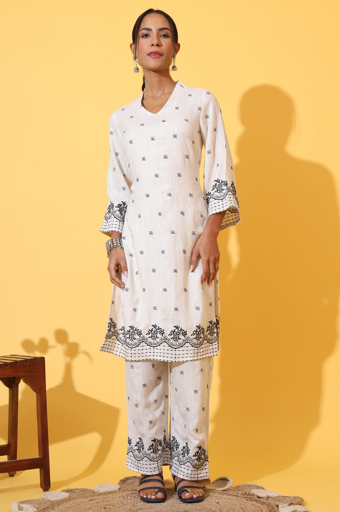 Off-White Schiffli Embroidered Pure Cotton Straight Kurta and Palazzo Co-ord Set