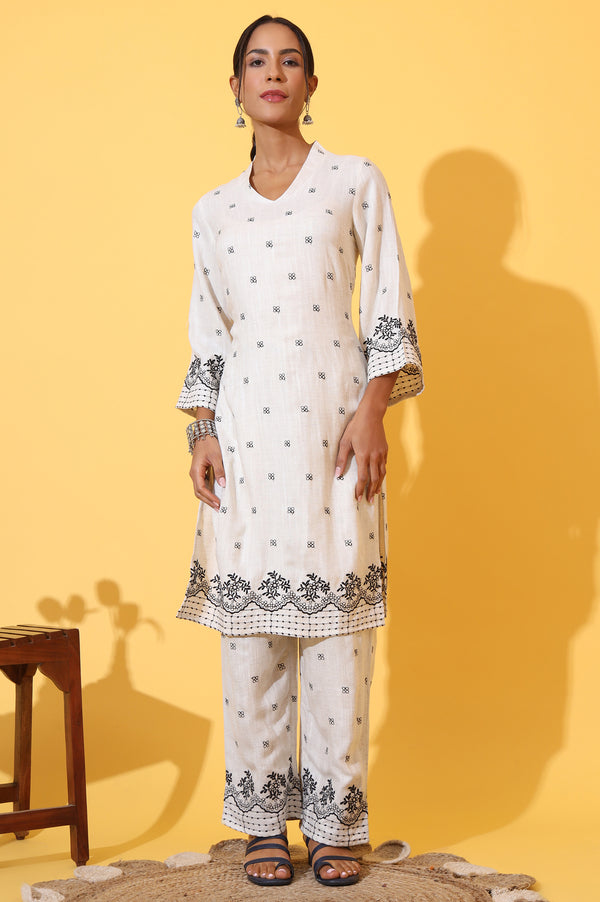 Off-White Schiffli Embroidered Pure Cotton Straight Kurta and Palazzo Co-ord Set