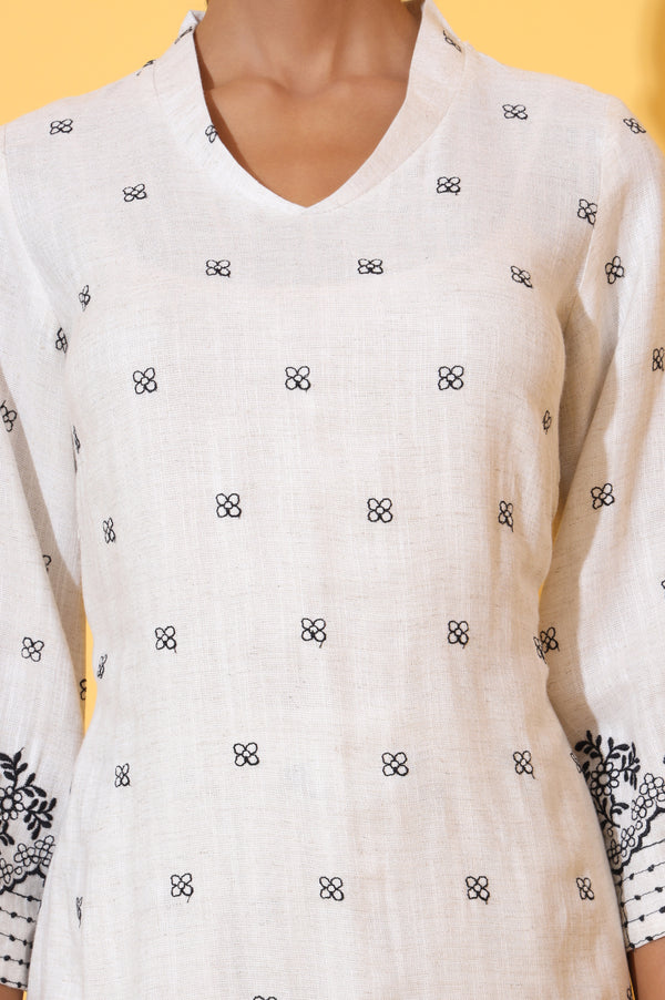 Off-White Schiffli Embroidered Pure Cotton Straight Kurta and Palazzo Co-ord Set