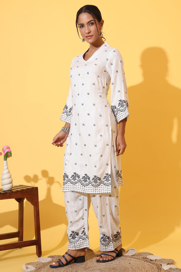 Off-White Schiffli Embroidered Pure Cotton Straight Kurta and Palazzo Co-ord Set