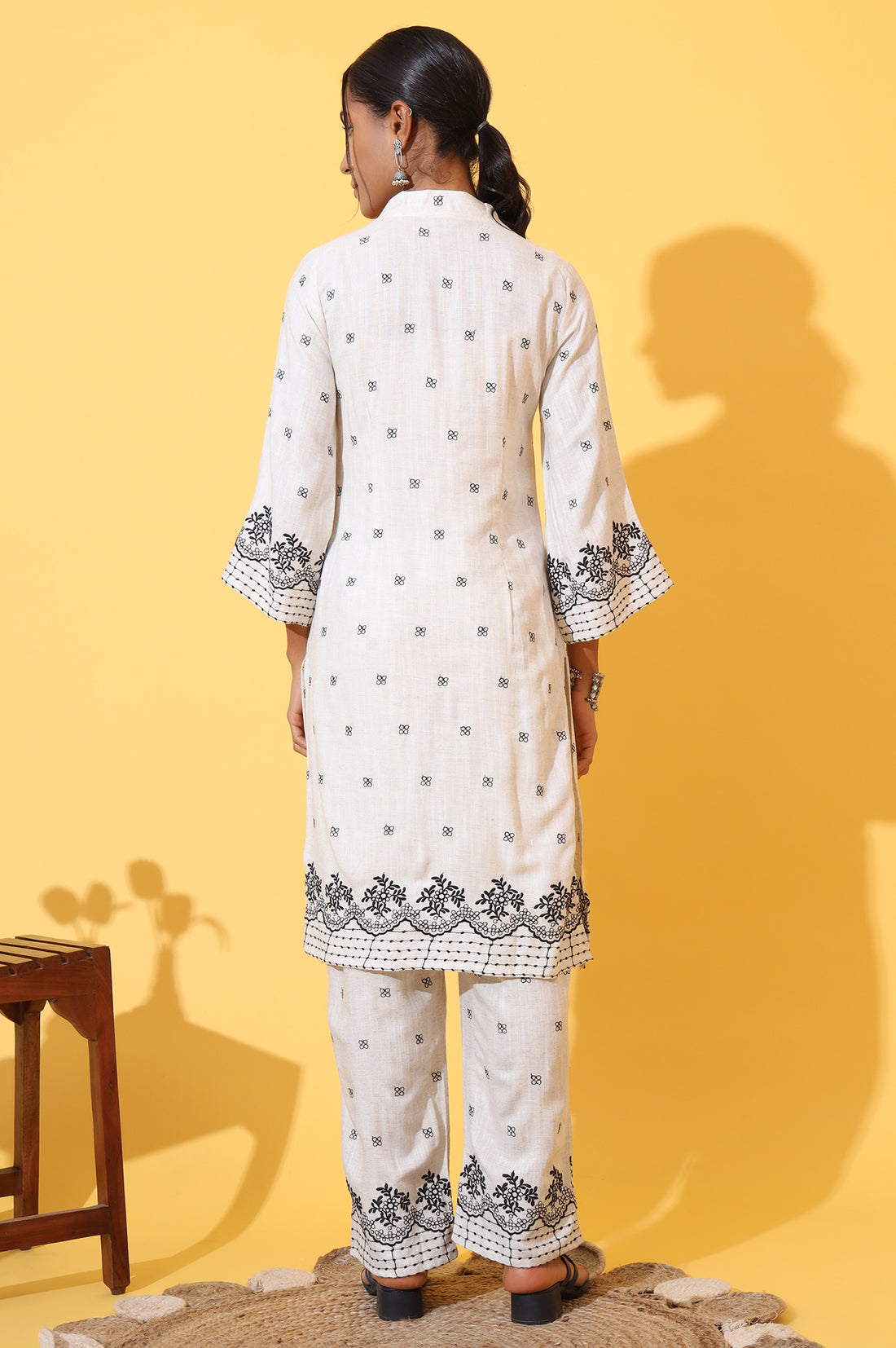 Off-White Schiffli Embroidered Pure Cotton Straight Kurta and Palazzo Co-ord Set
