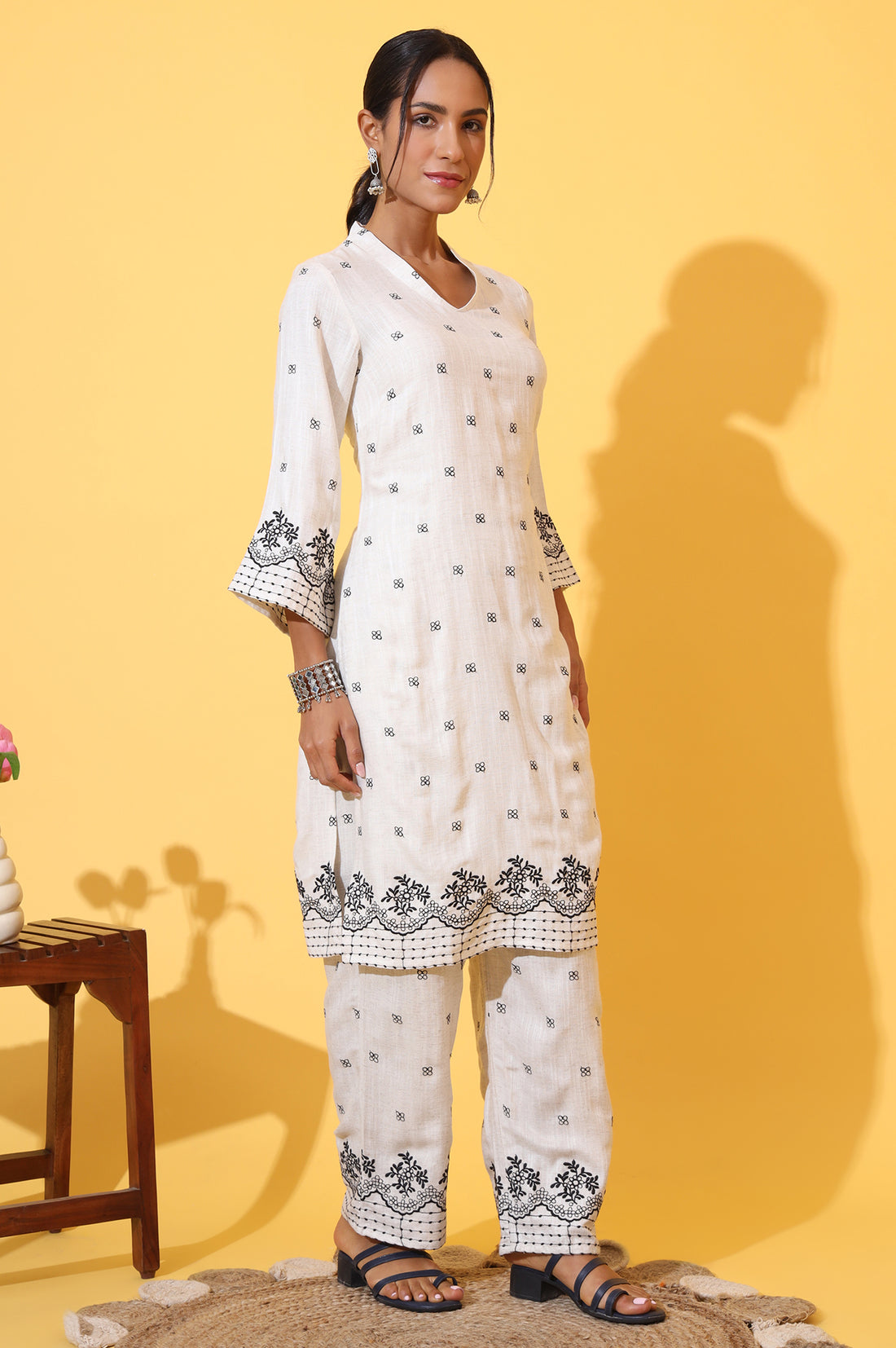 Off-White Schiffli Embroidered Pure Cotton Straight Kurta and Palazzo Co-ord Set