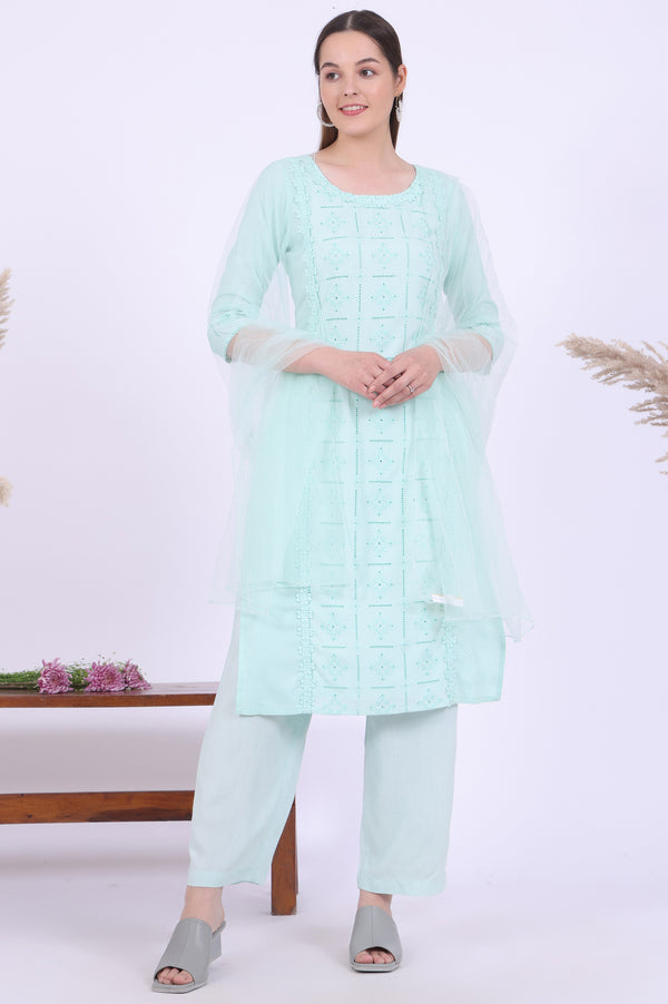 Powder Mint Green Schiffli Embroidered Straight Rayon Kurta, Palazzo and Dupatta Set