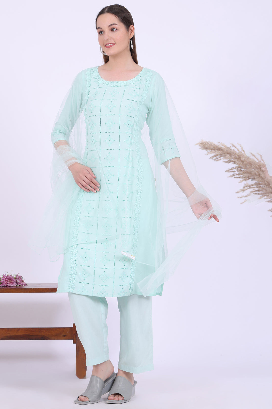 Powder Mint Green Schiffli Embroidered Straight Rayon Kurta, Palazzo and Dupatta Set