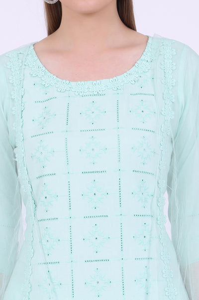Powder Mint Green Schiffli Embroidered Straight Rayon Kurta, Palazzo and Dupatta Set