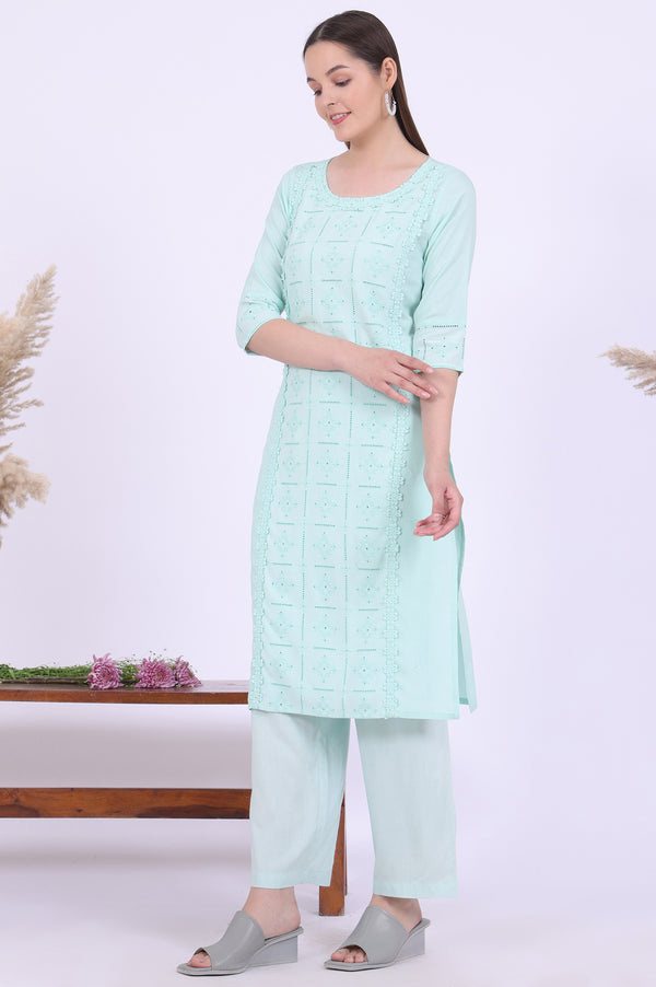 Powder Mint Green Schiffli Embroidered Straight Rayon Kurta, Palazzo and Dupatta Set