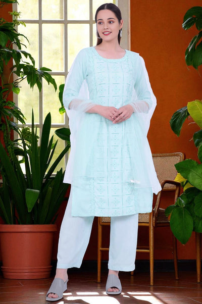 Powder Mint Green Schiffli Embroidered Straight Rayon Kurta, Palazzo and Dupatta Set