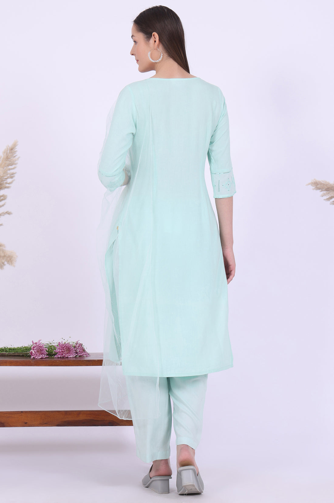 Powder Mint Green Schiffli Embroidered Straight Rayon Kurta, Palazzo and Dupatta Set
