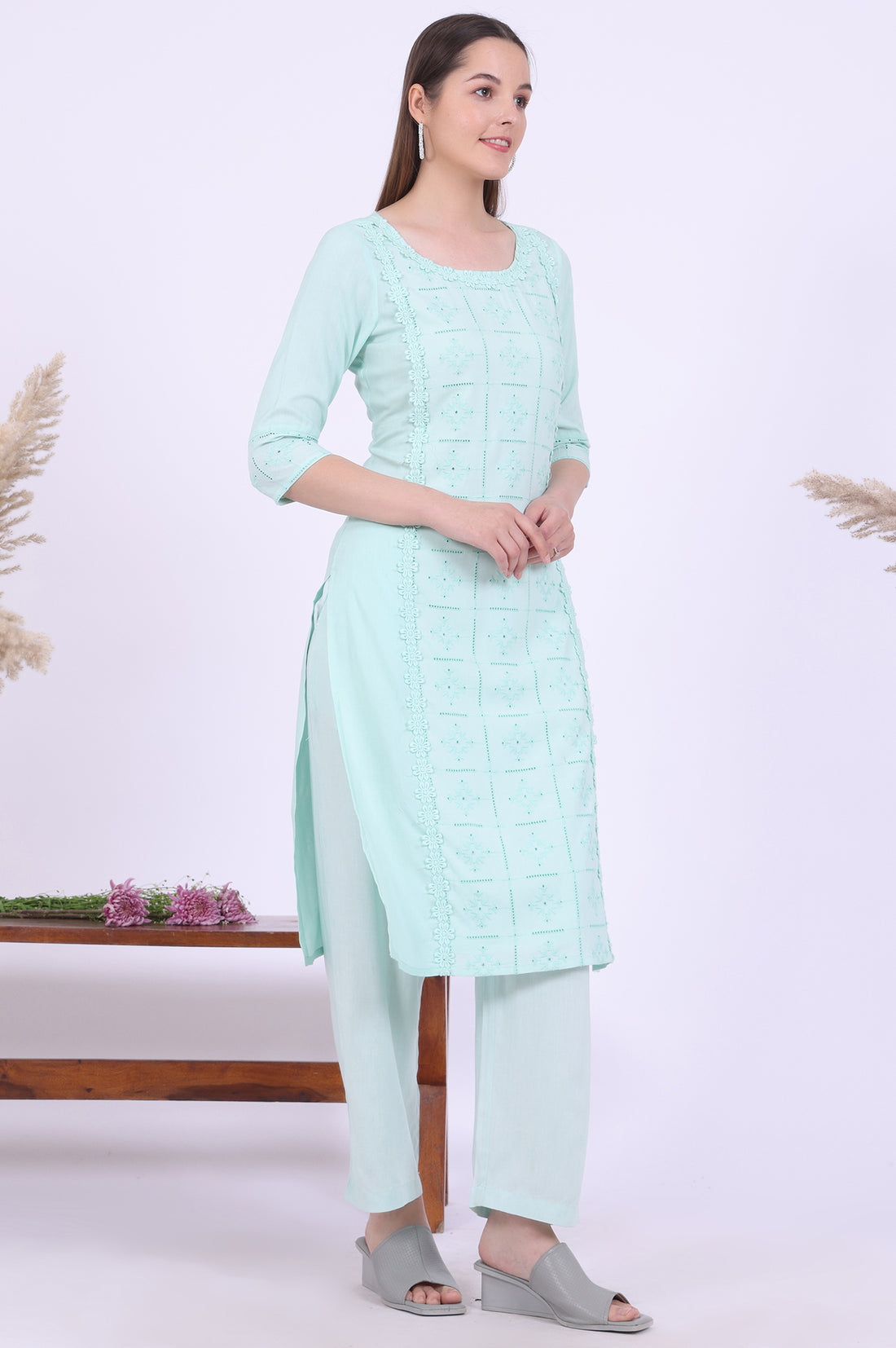 Powder Mint Green Schiffli Embroidered Straight Rayon Kurta, Palazzo and Dupatta Set