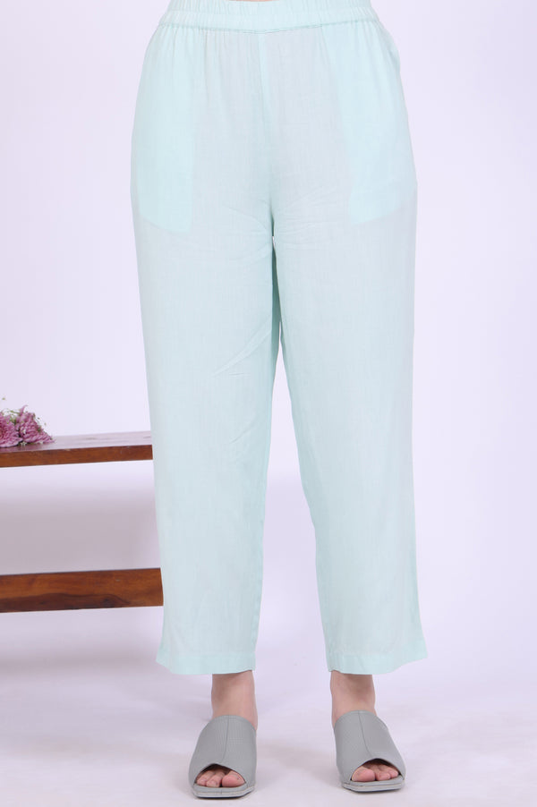 Powder Mint Green Schiffli Embroidered Straight Rayon Kurta, Palazzo and Dupatta Set