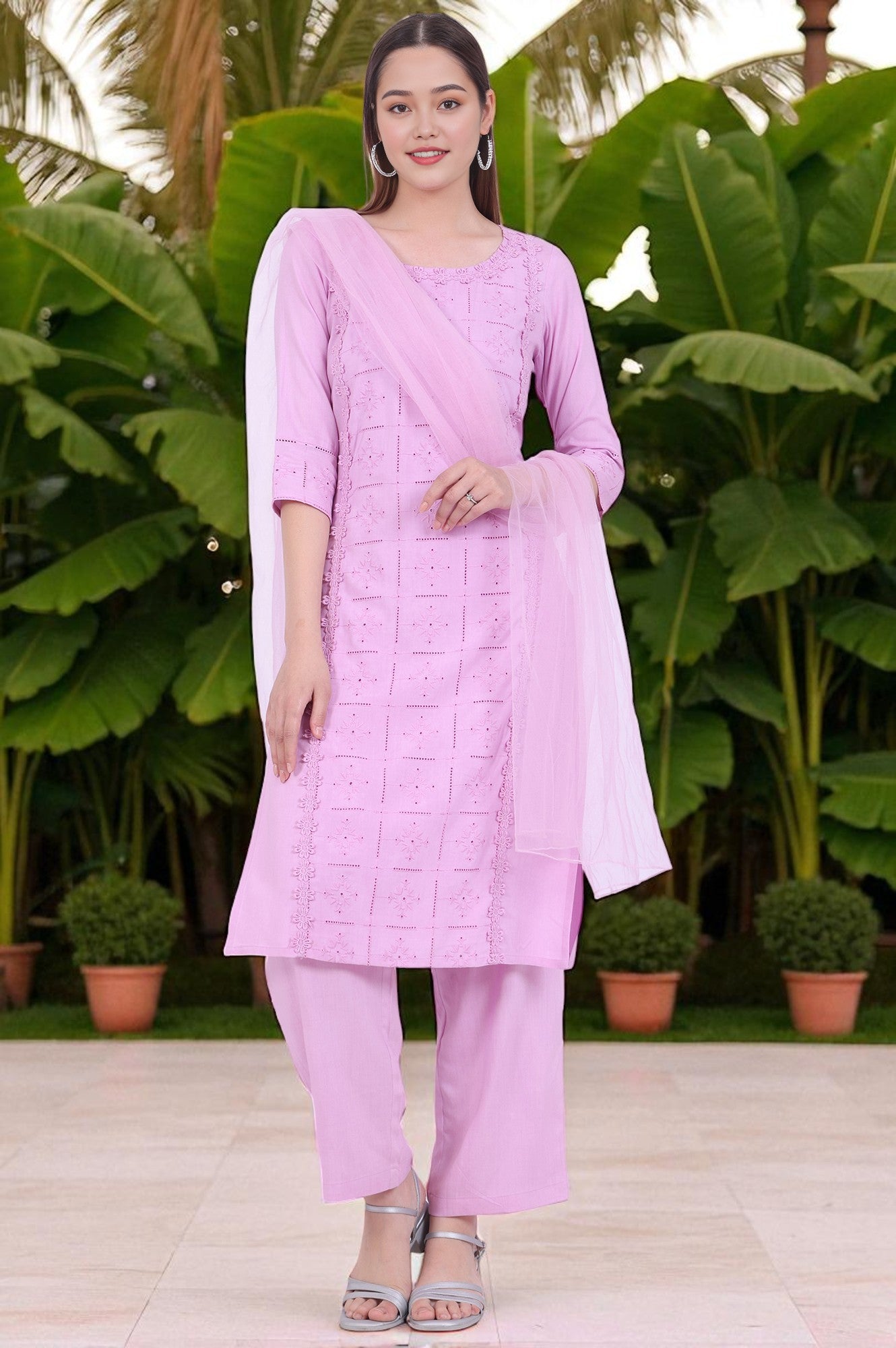 Purple Embroidered Straight Kurta with Palazzos &amp; Dupatta Set