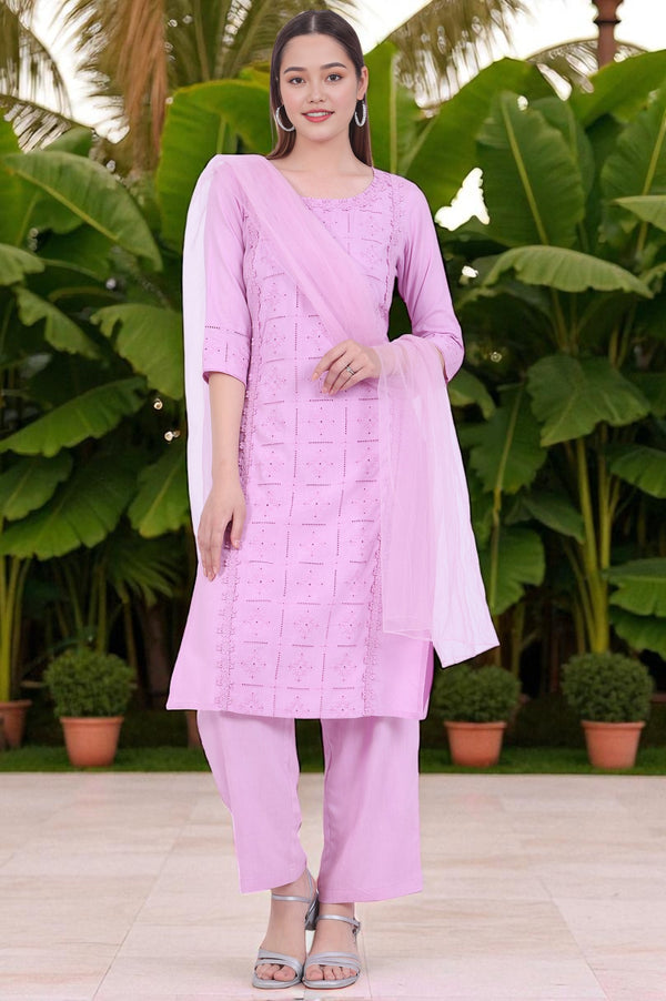 Purple Embroidered Straight Kurta with Palazzos & Dupatta Set