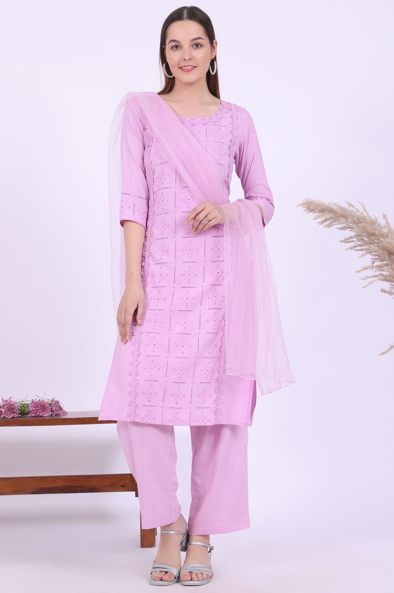 Purple Embroidered Straight Kurta with Palazzos &amp; Dupatta Set
